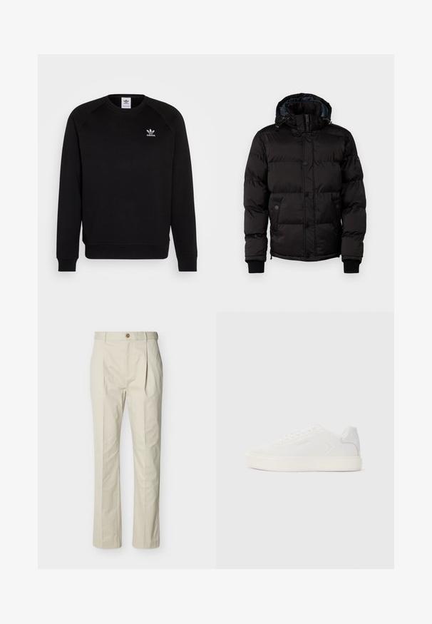 Guess Veste d'hiver - jet black; Sweatshirt noir avec des manches raglan, col rond et poignets côtelés. Présente un petit logo Adidas blanc sur la poitrine. Texture de tissu douce.; Pantalon beige sur mesure en coton, avec plis, fermeture à bouton, jambes droites et texture lisse.; Baskets blanches avec une tige synthétique lisse, bout rond et semelle plate blanche. Caractérisées par des coutures ton sur ton et un branding minimaliste sur le côté.