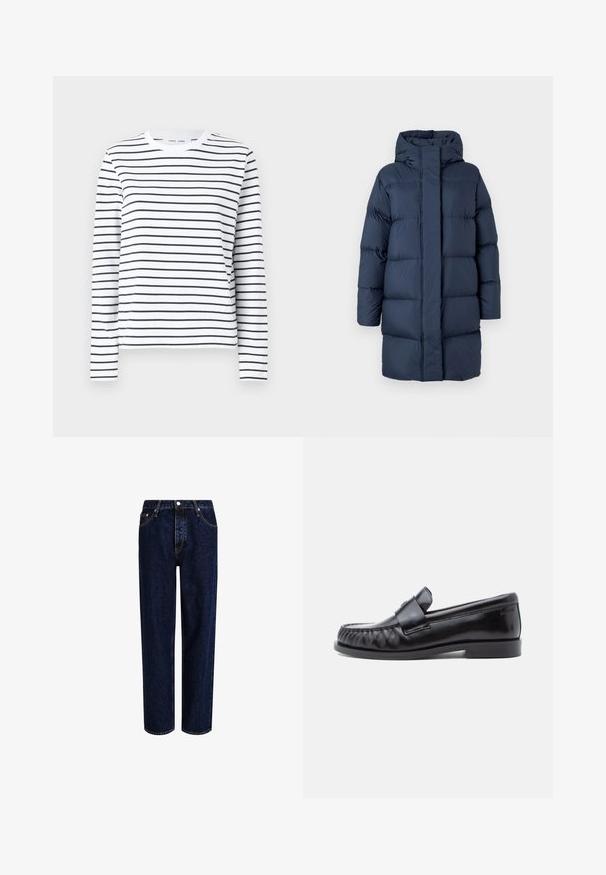 Manteau d'hiver long et rembourré bleu marine avec capuche et fermeture éclair frontale cachée, présenté sur un fond gris clair uni.; Chemise à manches longues en coton blanc avec des rayures horizontales noires. Présente un col rond et une coupe décontractée. Pas d'accents ou de motifs notables.; Jeans en denim bleu foncé avec une coupe droite, dotés d'une taille haute, d'un style à cinq poches et de coutures contrastantes. Sans embellissements.; Mocassins en cuir noir avec un bout arrondi, une couture distinctive et une bride décorative sur le cou-de-pied. Finition lisse et talon bas.