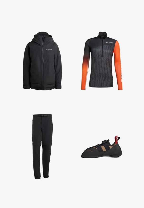 adidas Sportswear Impermeable - black; Camiseta deportiva de manga larga con rayas negras y gris oscuro, cuello alto, cremallera frontal y mangas de color naranja brillante, con la marca "TERREX" en el pecho y la manga.; Pantalones exteriores negros con tela texturizada, que cuentan con un cinturón ajustable, bolsillos laterales con cremallera y puños elásticos en los tobillos.; Zapato de escalada con un upper sintético negro y marrón, que cuenta con dos correas de Velcro, una suela de goma y un tirador rojo en el talón.