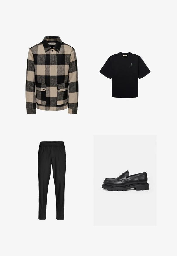 Veste à carreaux noir, gris et beige. En mélange de laine, avec col, deux poches avant et fermetures à boutons-pression.; T-shirt noir à manches courtes avec petit logo chouette verte et texte "WOODBIRD" sur la poitrine gauche, col rond, disposition à plat sur fond blanc.; Pantalon noir slim à taille élastique avec plis, conçu pour une coupe ajustée mais confortable.; Mocassin en cuir noir avec semelle épaisse crantée et détail de bride penny, présenté en profil droit sur fond blanc.