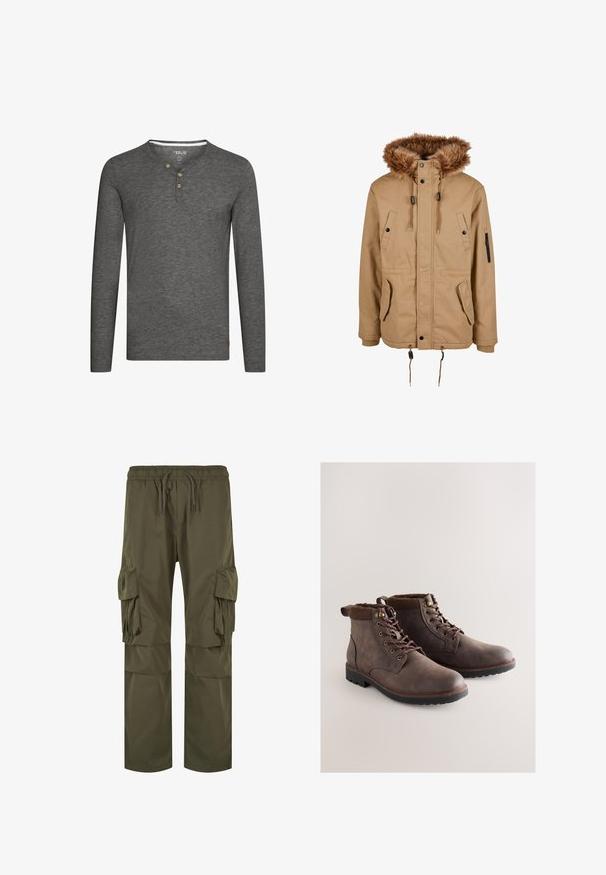 Chaqueta marrón con capucha y ribete de piel sintética, cierre con cremallera y botones a presión en la parte frontal, dos grandes bolsillos frontales y un bolsillo con cremallera en la manga.; Camisa de manga larga gris con un escote tipo henley, tres botones de madera y una pequeña etiqueta con el logo en la parte inferior izquierda. Tejido suave y texturizado.; Pantalones cargo en verde oliva, que cuentan con una cintura elástica con cordón, múltiples bolsillos laterales y un corte holgado con detalles plisados.; Botines de cuero marrón con punta redondeada, con cordones, ojales metálicos, cuello de pana y suela de goma texturizada.