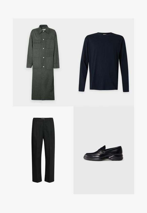 Manteau en laine gris foncé avec un col en cuir noir brillant, fermeture à boutons, deux poches poitrine et deux poches plaquées inférieures. Manches longues, longueur genoux.; T-shirt noir uni à manches longues avec col rond et coupe régulière, présenté sur fond blanc.; Pantalons noirs en tissu avec une texture lisse, présentant un design à jambe droite, des plis à l'avant et une ceinture élastique.; Mocassins en cuir noir avec une semelle en caoutchouc texturée et basse, et un design cousu sur le dessus. Présente une pointe arrondie et des embellissements minimaux.