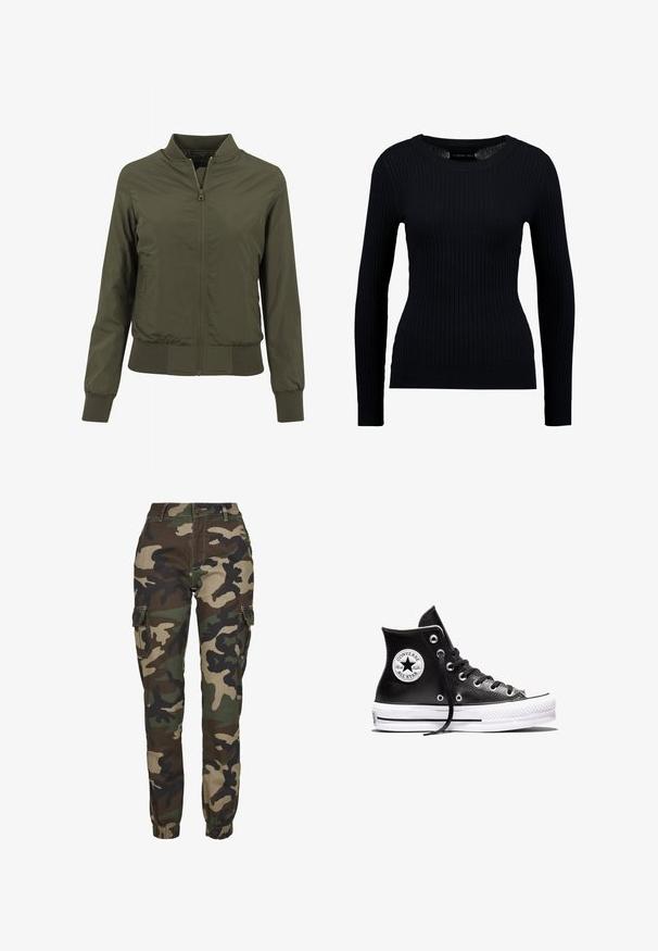 Olivegrüne Bomberjacke mit einem Reißverschluss, gerippten Bündchen und Saum, aus leichtem Material und einem schlichten Design ohne zusätzliche Muster.; Schwarzer, gerippter Langarmpullover mit rundem Halsausschnitt und taillierter Silhouette. Die Textur ist glatt mit einem dezenten Stretch.; Camo- Cargo-Hosen in Grüntönen, Braun und Schwarz; mit elastischen Bündchen, Seitentaschen und einem sicheren Knopfverschluss.; Schwarzer Converse Chuck Taylor All Star High-Top-Sneaker mit weißer Gummisohle und Logo-Aufnäher am Knöchel, dargestellt vor weißem Hintergrund.