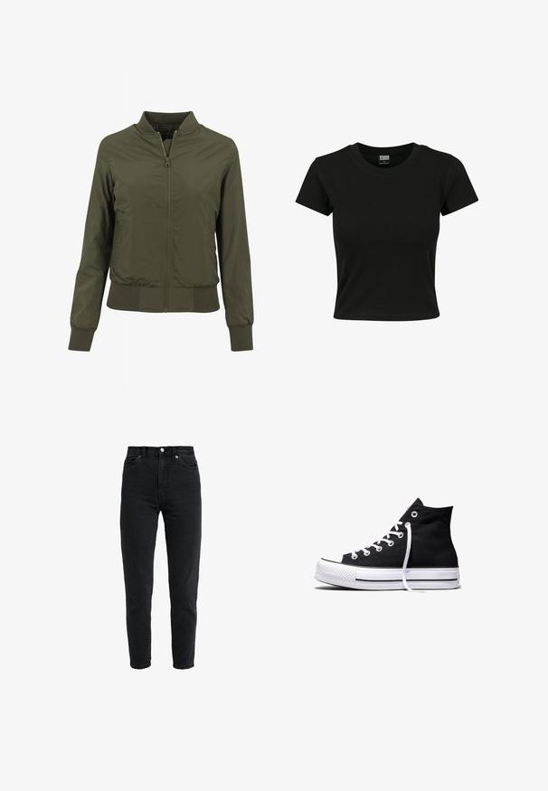 Olivegrüne Bomberjacke mit einem Reißverschluss, gerippten Bündchen und Saum, aus leichtem Material und einem schlichten Design ohne zusätzliche Muster.; Schwarzes Kurzarm-T-Shirt aus glattem Baumwollmaterial mit rundem Halsausschnitt und taillierter Form. Keine sichtbaren Muster oder Akzente.; Schwarze Jeans mit hoher Taille, vorderem Knopf und Reißverschluss, zwei vorderen Taschen und einem verjüngten Bein auf weißem Hintergrund.; Schwarzer High-Top-Canvas-Sneaker mit weißer Gummisohle und weißen Schnürsenkeln, seitlich dargestellt vor weißem Hintergrund.
