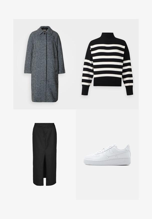 Hernia musteriga halli ja sinise tooni mantel, millel on krae, pikad varrukad ning sirge, keskmise pikkusega disain koos küljetaskutega.; Must-valge horisontaalsete triipudega kootud pullover, millel on kõrge soonikkrae ning soonikkoes mansetid ja serv.; Musthave mustriba mustriba, millel on esi lõhik, on valmistatud kerge kangaga. Omab klassikalist vööd ja peeneid külge taskuid.; Valged madala lõikega Nike Air Force 1 tossud, millel on nööritav sulgemine, auguauguline varbakast ja küljele iseloomulik Swooshi logo.