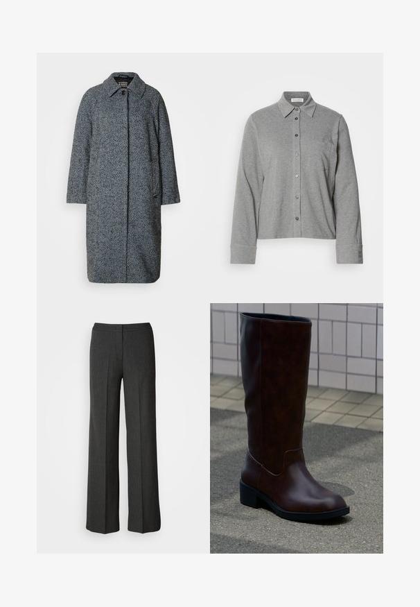 Grau- und Blautöne im Fischgrätenmuster, Coat mit Kragen, langen Ärmeln und geradem, mittellangem Design mit seitlichen Taschen.; Graues Hemd aus weicher Baumwolle mit Kragen, langen Ärmeln, einer Brusttasche und einem Knopfmanschette mit Logodetail.; Weite Hose in Dunkelgrau, aus strukturiertem Stoff. Verfügt über einen anliegenden Bund und ein dezentes Nadelstreifenmuster.; Dunkelbrauner Lederstiefel bis zur Mitte der Wade mit abgerundetem Zehenbereich und niedrigem Blockabsatz, der auf einem Gehweg nahe einer gefliesten Wand steht.