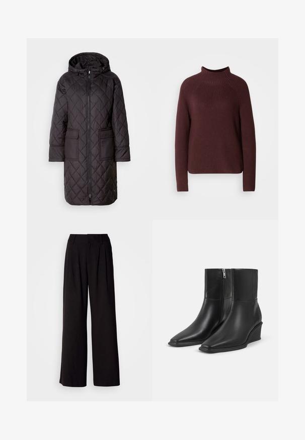 Schwarze gesteppte Puffjacke mit Kapuze, ausgestattet mit einem Frontreißverschluss, zwei großen Taschen und einem knielangen Design. Glattes Material mit matter Oberfläche.; Bordeauxfarbener Pullover mit hochgeschlossenem Kragen, geripptem Muster und langen Ärmeln. Verfügt über eine leicht kastige Form und einen Saum, der auf Hüfthöhe endet.; Schwarze weit geschnittene Hosen aus glattem Stoff, mit Falten an der Vorderseite, einem taillierten Bund und ohne sichtbare Muster oder Akzente.; Paar schwarze Leder-Stiefeletten mit spitzen Zehen, Keilabsätzen und seitlichen Reißverschlussverschlüssen auf einfachem hellem Hintergrund.