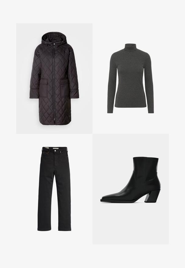 Sort quiltet dunjakke med hætte, med en frontlynlås, to store lommer og en knælang design. Glat materiale med mat finish.; Mørkegrå turtleneck sweater med lange ribbede ærmer, figursyet design og blødt, tekstureret stof. Ingen mønstre eller dekorationer.; Sorte denim jeans med lige ben, der har en høj talje, fem-lomme design, metal knaplukning og minimale syninger.; Sortlæder ankelstøvle med spids tå, en slank silhuet og en kraftig firkantet hæl. Glat tekstur med minimale stikninger.