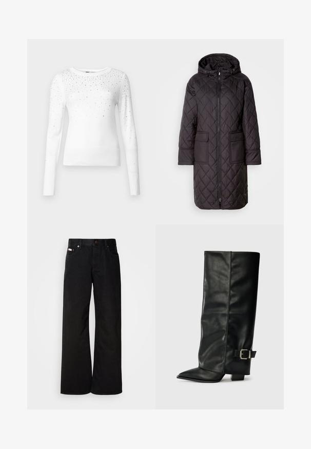 Sort quiltet dunjakke med hætte, med en frontlynlås, to store lommer og en knælang design. Glat materiale med mat finish.; ONLY Knitted ONLSOLITA Knitted - Striktrøje - cloud dancer; Sorte breddebenede jeans lavet af bomuld. Har forlommer, en knaplukning og en klassisk denimtekstur. Minimalistisk design uden mønstre.; Sorte læder ankelstøvler i ankellængde med spids tå, glat tekstur og en sølvspændeaccents på siden. Kraftig firkantet hæl.