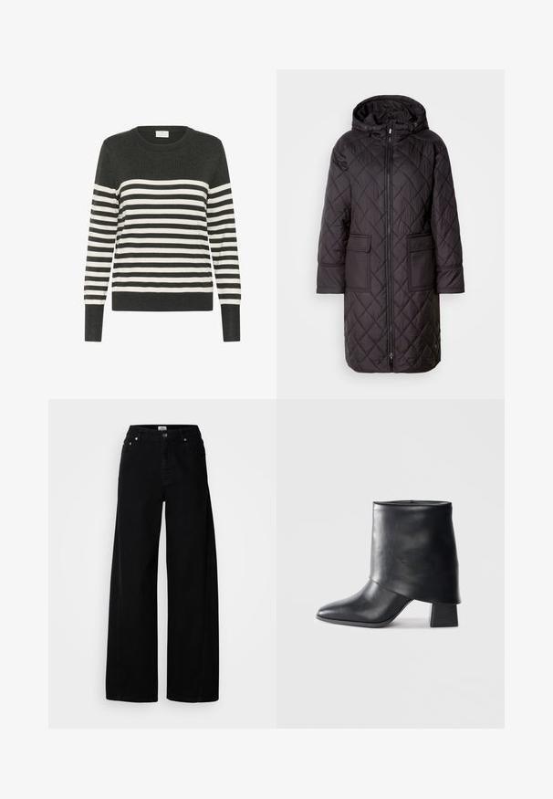 Manteau à capuche matelassé noir avec fermeture éclair devant, deux grandes poches et une conception arrivant au genou. Matériau lisse avec une finition mate.; Pull rayé en gris foncé et blanc, col rond, manches longues, arborant des rayures horizontales et des poignets et un ourlet côtelés. Matière tricotée douce.; Jean noir évasé en denim avec fermeture à bouton, design à cinq poches et finition soignée. Fabriqué à partir d'un tissu texturé pour plus de durabilité.; Bottine en cuir noir à bout pointu, texture lisse et talon bloc structuré. Elle se distingue par un design de revers haut et plié.