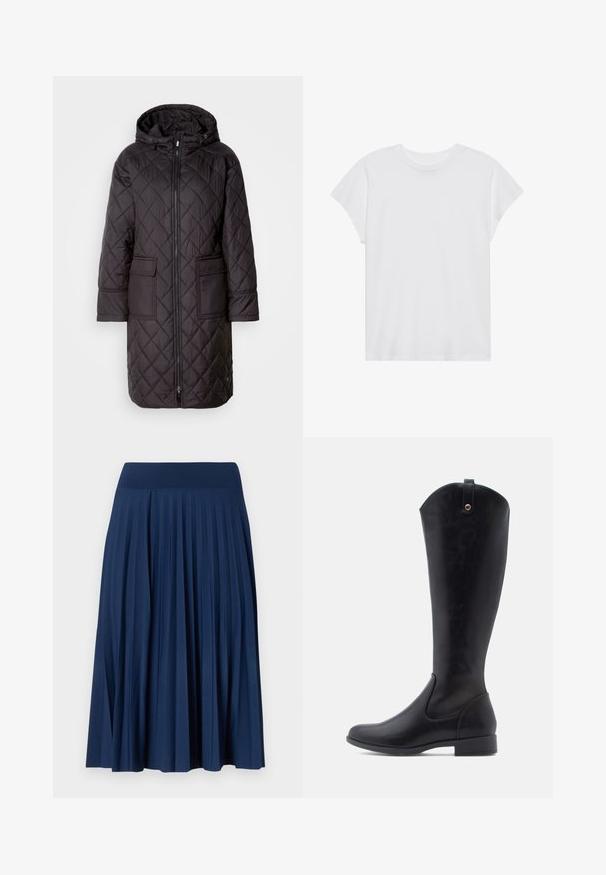 Zwarte gewatteerde pufferjas met een capuchon, voorzien van een rits aan de voorkant, twee grote zakken en een knielange snit. Glad materiaal met een matte afwerking.; Witte t-shirt met korte mouwen, ronde hals, relaxte pasvorm, gemaakt van zacht katoen. Glad textuur, geen patronen of logo's.; Navy-blauwe plissérok met een brede tailleband, gemaakt van zachte stof. Bevat verticale plooien voor textuur en vloeiende beweging.; Kniehoge zwarte leren laarzen met een gladde textuur, ronde neus, lage blokhak en een gebogen bovenrand met een lusdetail aan de achterkant.