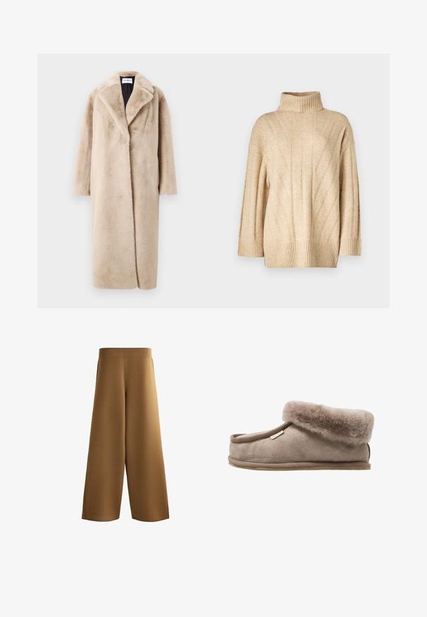 Manteau en fausse fourrure beige au silhouette décontractée, avec de larges revers et des manches longues. La surface a une texture douce et pelucheuse et un design moderne et minimal.; Pull en tricot beige avec un col roulé à côtes hautes, des manches larges et un motif texturé avec des lignes verticales. Ourlet à côtes en bas.; Pantalon marron en maille à jambes larges et taille haute, avec une ceinture côtelée et un léger détail texturé sur les coutures latérales extérieures.; Chausson en suède marron avec un col doux et moelleux, bout rond et semelle texturée. Le design présente un bord cousu et une petite étiquette.