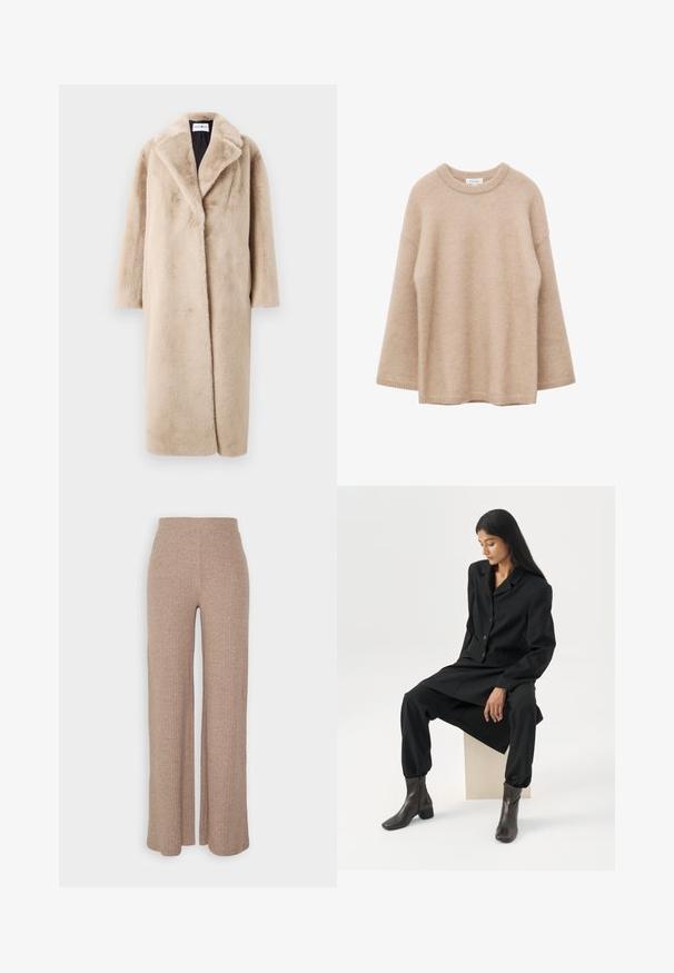 Manteau en fausse fourrure beige au silhouette décontractée, avec de larges revers et des manches longues. La surface a une texture douce et pelucheuse et un design moderne et minimal.; Pull beige à manches longues avec col rond, texture douce et duveteuse, coupe décontractée, présenté sur un fond blanc.; Pantalons larges en beige à côtes avec une taille haute et une texture douce, présentant une coupe loose et sans fermetures visibles.; Femme aux longs cheveux foncés assise, portant un blazer noir ample, un pantalon large assorti et des bottines foncées, sur un fond blanc uni.