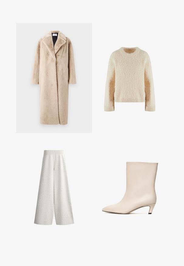 Beige falsk pelsjakke med en afslappet silhuet, brede klapper og lange ærmer. Overfladen har en blød, plysset tekstur og et moderne, minimalistisk design.; Cremefarvet strikket sweater med rund halsudskæring, lange ærmer og en blød, struktureret overflade. Ribkanter ved håndleddene og kanten for ekstra struktur.; Lysegrå vidbenede strikkede bukser med ribbet elastisk taljebånd og detaljer på sidepanel, vist på hvid baggrund.; Beige læder ankelstøvle med spids tå og konisk hæl. Glat tekstur med minimal syning og en strømlinet silhuet.