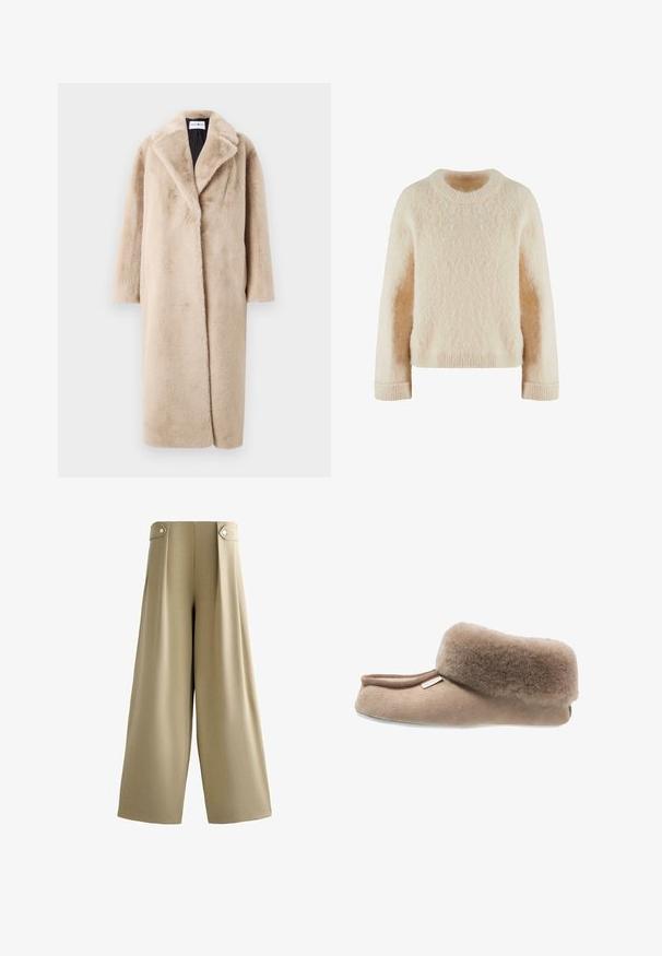 Manteau en fausse fourrure beige au silhouette décontractée, avec de larges revers et des manches longues. La surface a une texture douce et pelucheuse et un design moderne et minimal.; Un pull en tricot couleur crème avec un col rond, des manches longues et une finition douce et texturée. Bords-côtes aux poignets et à l'ourlet pour une meilleure structure.; Pantalon beige à jambes larges avec taille haute et pattes boutonnées de chaque côté de la ceinture, devant lisse et ourlet longueur complète.; Pantoufle en daim marron avec un col en fourrure douce, forme arrondie, texture douce et semelle plate. Présente une petite étiquette de marque sur le côté.