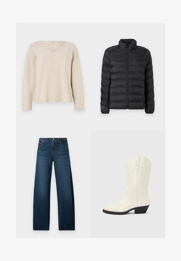 Veste matelassée noire avec un col haut, design matelassé horizontal, fermeture éclair sur toute la longueur devant, et poignets élastiques. Matériau lisse et léger.; Pull en tricot beige avec un col en V, des poignets et un ourlet côtelés. Présente un design de couture centrale et une coupe ample. Matière douce et texturée.; Jean en denim bleu foncé à coupe droite avec cinq poches et rivets en cuivre, présenté sur un fond blanc.; Botte blanche de style western mi-mollet avec bout pointu, talon empilé noir, coutures décoratives et languette de tirage sur la tige.