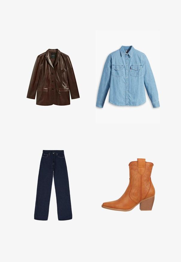 Mørkebrun læderblazer med hakreverskrave, tre knapper foran og tre lommer, vist mod en hvid baggrund.; Lyseblå denimskjorte med lange ærmer, spidse krave, to brystlommer, knaplukning og subtil tekstur. Ingen synlige mønstre.; Mørkeblå vide jeans lavet af denim. Funktioner inkluderer knaplukning, fem lommer og subtile syninger. Glat tekstur.; Salinyang SALINYANG - Cowboy- / bikerstøvlette - braun
