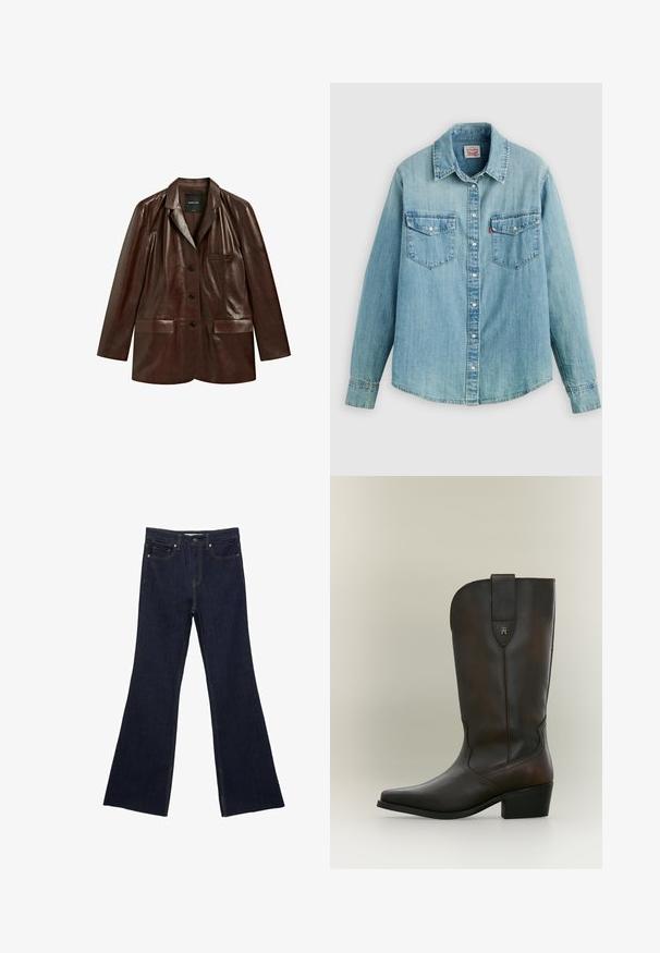 Dunkelbrauner Lederblazer mit Reverskragen, drei Vorderknöpfen und drei Taschen, vor weißem Hintergrund dargestellt.; Hellblaues Denimhemd mit klassischem Kragen, vorderer Knopfleiste, zwei Brusttaschen und geknöpften Manschetten sowie einem leicht geschwungenen Saum.; Dunkelblaue Jeans mit ausgestelltem Bein, ausgestattet mit einem klassischen Fünf-Taschen-Design und sichtbaren Nähten. Der Stoff hat eine glatte Textur mit minimalen Verblassungen.; Dunkelbrauner Lederstiefel bis zur Mitte der Wade mit niedrigem Blockabsatz, spitzer Spitze und einer eingenähten Lasche mit kleinem Metalllogo.