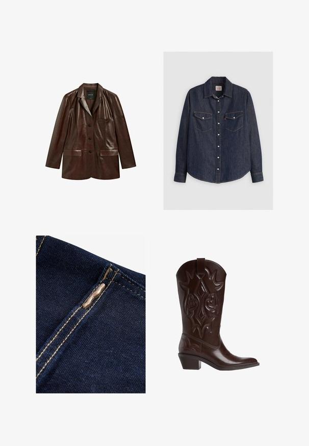 Mørkebrun læderblazer med hakreverskrave, tre knapper foran og tre lommer, vist mod en hvid baggrund.; Mørkeblå denimskjorte med lange ærmer, knaplukning fortil, to brystlommer med klapper og kontrasterende gule sømme.; Next REGULAR FIT - WIDE LEG - Flared jeans - rinse blue; Brun cowboystøvle i læder med indviklede sømme, spids snude og stablet hæl. Har en træktab i toppen for nem påtagning.
