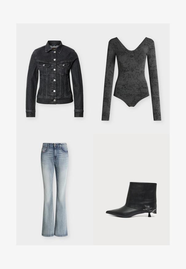 Veste en denim noire ajustée avec boutons argentés, deux poches poitrine à rabat et col classique, présentée sur un fond blanc.; Body à manches longues gris foncé à motif marbré avec un large décolleté rond et une coupe ajustée.; Jean en denim bleu clair taille haute avec une légère évasement en bas et des détails délavés sur le devant des cuisses.; Bottine en cuir noir avec bout pointu, petit talon kitten et détail écrit argenté près du talon.