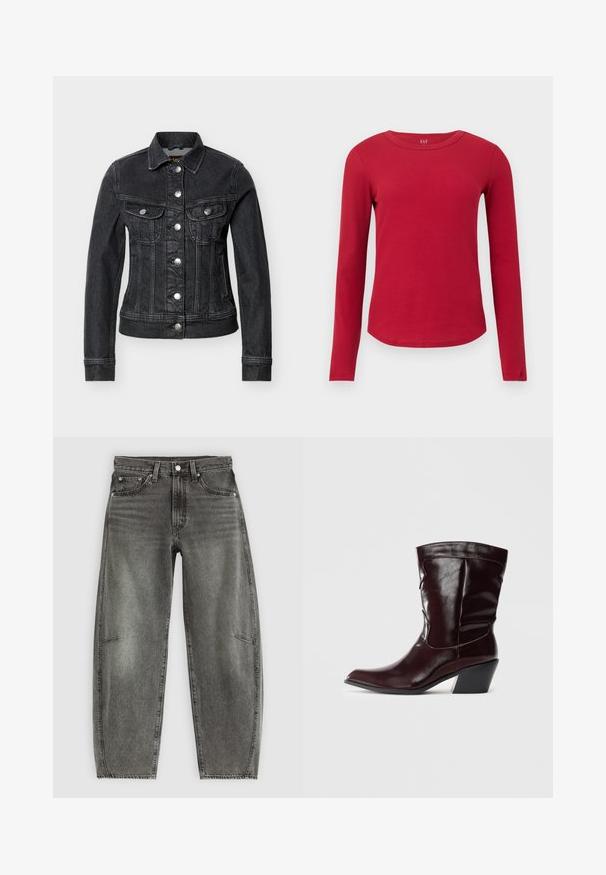 Veste en denim noire ajustée avec boutons argentés, deux poches poitrine à rabat et col classique, présentée sur un fond blanc.; Haut rouge en maille côtelée à manches longues, col rond, ourlet incurvé, silhouette ajustée et étiquette GAP à l'intérieur du col.; Jeans en denim gris délavé taille haute avec cinq poches, fermeture à bouton et coupe droite relaxée.; Bottines en cuir bourgogne avec un bout pointu, une surface texturée et un petit talon effilé. Présente une couture discrète et un ajustement confortable.