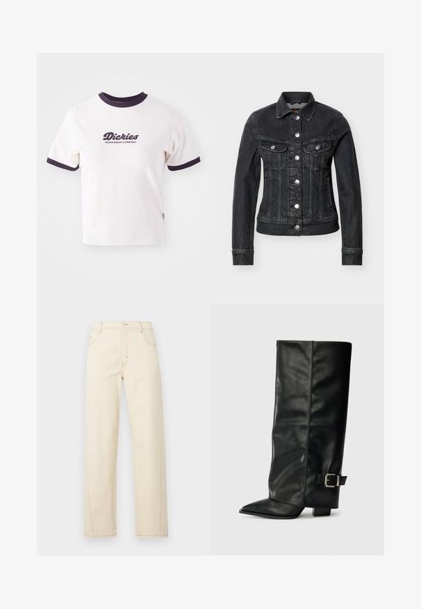 Sort tætsiddende denimjakke med sølvknapper, to brystlommer med klap og klassisk krave, vist på hvid baggrund.; Hvid T-shirt med mørkeblå ribbet krave og ærmer. Har en stor grafisk tekstlogo i mørkeblå, "Dickies WORKWEAR COMPANY."; Højttaljede, lige-ben jeans i cremefarve med synlige sømme, forreste knap, lynlås og fem-lomme design mod en ensfarvet baggrund.; Sorte læder ankelstøvler i ankellængde med spids tå, glat tekstur og en sølvspændeaccents på siden. Kraftig firkantet hæl.