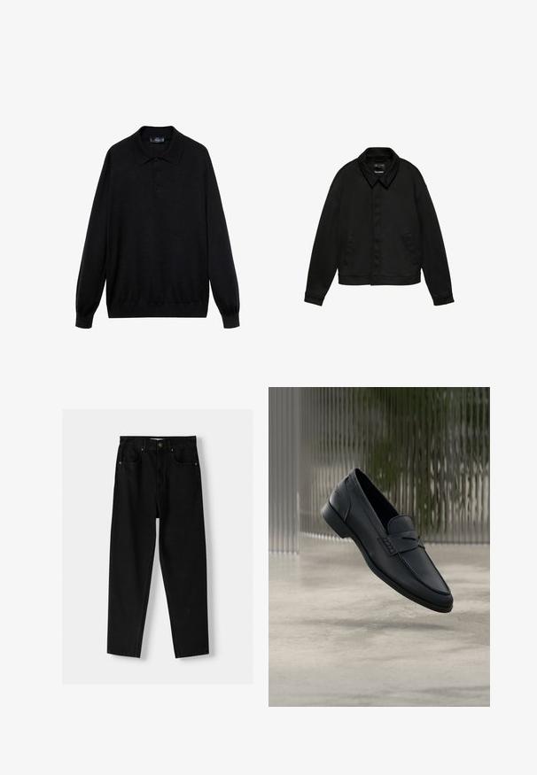 Schwarze langärmelige Jacke mit Kragen und zwei seitlichen Taschen, verdeckter Knopfleiste vorne und Bundabschluss, auf weißem Hintergrund dargestellt.; Schwarzes Langarm-Polohemd aus weichem Stoff, mit klassischem Kragen, drei Knöpfen und gerippten Bündchen und Saum.; Schwarze Denim-Jeans mit geradem Bein, ausgestattet mit einem frontalen Knopfverschluss, fünf Taschen und minimalen Nähdetails.; Schwarzer Lederloafer mit glatter Oberfläche, spitzer Zehenpartie und gestickten Details über dem Spann. Niedriger Absatz und minimalistisches Design.