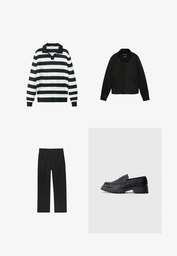Veste noire à manches longues avec col et deux poches latérales, fermeture à boutons cachés sur le devant et ourlet à la taille, présentée sur fond blanc.; Maillot de rugby à manches longues avec larges rayures horizontales noires et blanches et un col noir avec une ouverture en V.; Pantalons noirs au design droit, fabriqués à partir d'un tissu lisse. Dotés de plis sur le devant et d'une fermeture à un bouton à la taille.; Mocassins en cuir noir avec un bout arrondi, présentant une sangle décorative et une semelle en caoutchouc épaisse avec de profonds crampons pour une meilleure adhérence.