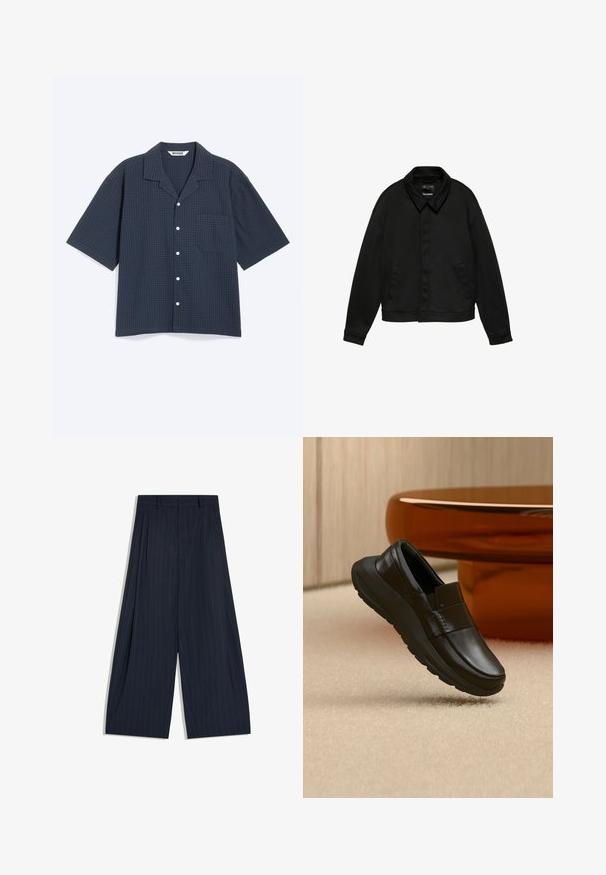 Veste noire à manches longues avec col et deux poches latérales, fermeture à boutons cachés sur le devant et ourlet à la taille, présentée sur fond blanc.; Chemise bleu foncé à manches courtes boutonnée, avec un motif à carreaux discret, col pointu et une poche poitrine unique.; Pantalon bleu marine à jambes larges avec fines rayures blanches et taille haute, posé à plat sur un fond blanc.; Mocassin en cuir noir avec une semelle épaisse, présenté au-dessus d'un tapis beige et près d'une base de table ronde couleur ambre.