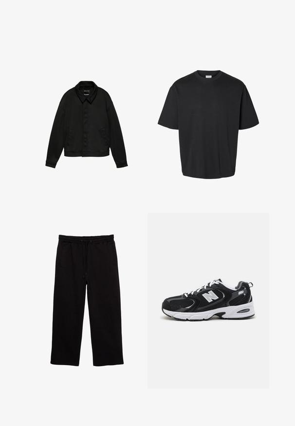 Sort jakke med lange ærmer, krave og to sidelommer, skjult knaplukning foran og kant forneden i taljen, vist på en hvid baggrund.; Sort t-shirt med korte ærmer og rund hals med en afslappet pasform og en synlig hvid label inden i kraven.; Sorte sweatpants lavet af blødt stof, med elastisk talje med snøre, to sidelommer og en afslappet pasform.; Sorte og grå sportssko med mesh og ruskind på overdelen, der har en hvid mellemsål, snørebånd og et iøjnefaldende "N" logo på siden.
