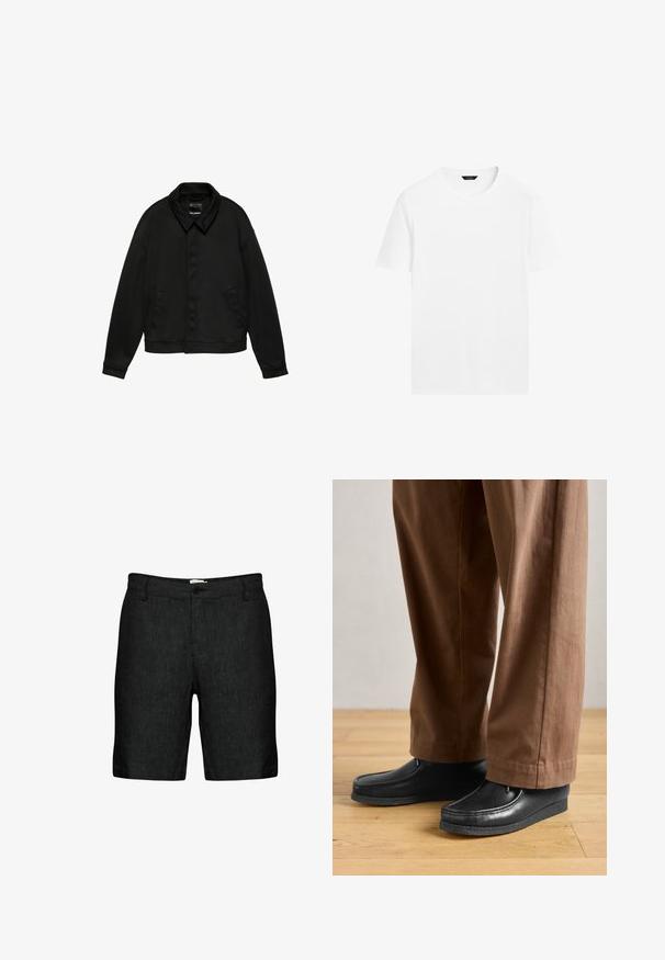 Sort jakke med lange ærmer, krave og to sidelommer, skjult knaplukning foran og kant forneden i taljen, vist på en hvid baggrund.; Hvid bomulds t-shirt med rund hals, korte ærmer og lige skæring. Har en glat, let tekstur og ingen synlige mønstre.; Sorte linnedshorts med flad front, bælteløkker og en enkelt knaplukning. De har et struktureret stof og let afsmalnende ben.; Sorte lædersko med mokkasin-design og syningdetaljer, parret med brune bukser, på et trægulv.
