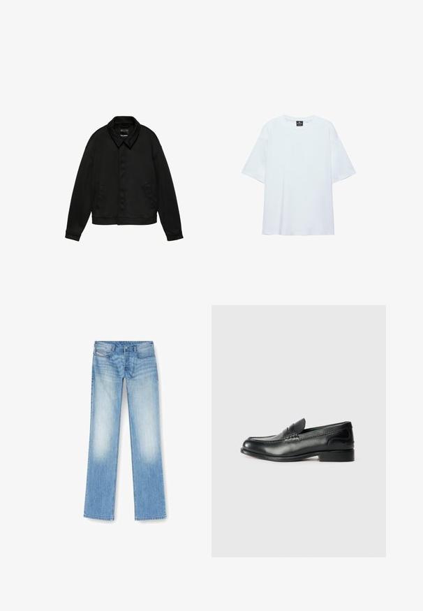 Zwarte jas met lange mouwen, kraag en twee zijzakken, verborgen knoopsluiting aan de voorkant en zoom in de taille, weergegeven op een witte achtergrond.; Effen witte oversized T-shirt met korte mouwen, ronde halslijn en een zwart label aan de binnenkant van de kraag, op een witte achtergrond.; Lichtblauwe rechte jeans gemaakt van denim, met een vervaagde afwerking, vijf-pocket ontwerp en zichtbare stiksels langs de naden.; Zwarte leren instappers met een gladde afwerking, gestikte details over de bovenkant en een licht verhoogde hak.