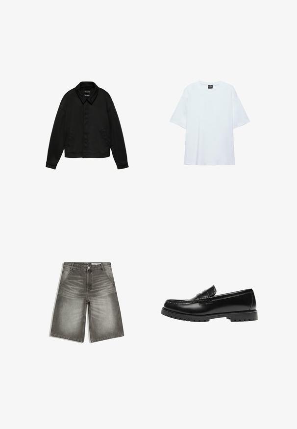Veste noire à manches longues avec col et deux poches latérales, fermeture à boutons cachés sur le devant et ourlet à la taille, présentée sur fond blanc.; T-shirt blanc uni oversize à manches courtes avec col rond et étiquette noire à l'intérieur du col sur fond blanc.; Shorts en denim gris avec poches avant, fermeture par boutons, passants pour ceinture, et détails décolorés sur les cuisses et près de la fermeture éclair.; Mocassin en cuir noir avec une semelle en caoutchouc épaisse et un détail classique de bride à monnaie, vu de côté extérieur.