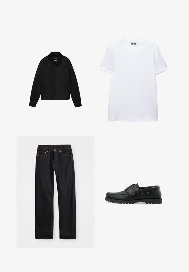 Sort jakke med lange ærmer, krave og to sidelommer, skjult knaplukning foran og kant forneden i taljen, vist på en hvid baggrund.; Simpel hvid t-shirt med korte ærmer og rund halsudskæring med en sort Pull&Bear mærkat indeni kraven, vist på en hvid baggrund.; Mænds lige ben sorte denim jeans med fem lommer og orange syninger, knap- og lynlåslukning foran på taljen.; Sorte læder bådsko med tekstureret overflade, snørebåndsdesign, gummisål med trækkraft og metaløjer på siderne.