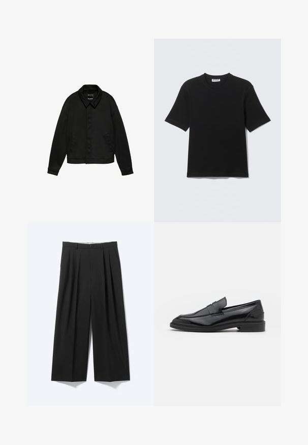 Veste noire à manches longues avec col et deux poches latérales, fermeture à boutons cachés sur le devant et ourlet à la taille, présentée sur fond blanc.; T-shirt noir à manches courtes avec col rond, portant une étiquette "WEEKDAY" à l'intérieur du col, présenté à plat sur un fond clair.; Pantalon noir à jambes larges avec plis sur le devant, passants pour ceinture et fermeture à bouton, présenté sur un fond clair uni.; Mocassins en cuir noir avec une finition lisse, dotés d'un bout arrondi et d'une bande étroite sur le dessus. Talon bas empilé.