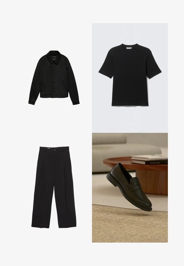 Veste noire à manches longues avec col et deux poches latérales, fermeture à boutons cachés sur le devant et ourlet à la taille, présentée sur fond blanc.; T-shirt noir à manches courtes avec col rond, portant une étiquette "WEEKDAY" à l'intérieur du col, présenté à plat sur un fond clair.; Pantalons larges noirs en tissu lisse, avec une taille plate, des plis avant et un bouton unique.; Chaussure mocassin en cuir noir présentée en suspension au-dessus d'un tapis beige tissé, avec une table en bois et des livres empilés dans un salon doucement éclairé.