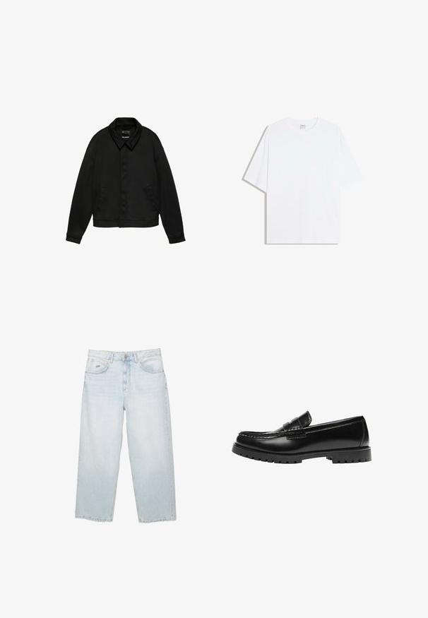 Sort jakke med lange ærmer, krave og to sidelommer, skjult knaplukning foran og kant forneden i taljen, vist på en hvid baggrund.; Hvid oversized bomulds t-shirt med rund hals og korte ærmer; glat tekstur, uden synlige mønstre eller accenter.; Lysblå højtaljede straight-leg jeans med frontknap, lommer og lille mærket metalmærke på den højre forlommer.; Sort læderloafer med en kraftig gummisål og klassiske penny-strap detaljer, vist fra ydersiden.