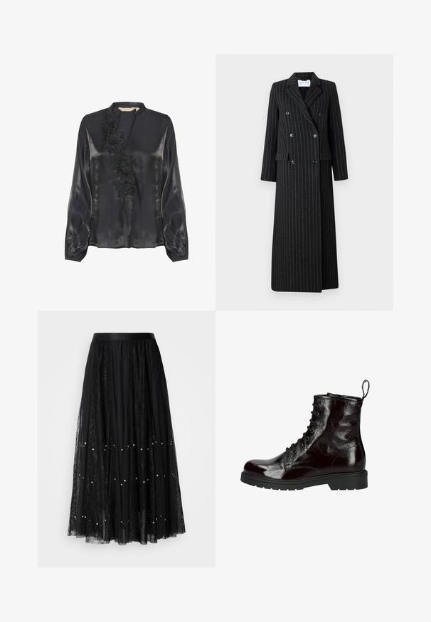 Abrigo largo de doble botonadura en tela negra con sutiles rayas. Presenta solapas con muesca, bolsillos laterales y detalles de botones.; Culture CUFIOLA - Blusa - black; Falda larga de encaje negro con una pretina de satén, que presenta una capa transparente adornada con lentejuelas plateadas y un patrón texturizado en toda la prenda.; Botín con cordones en charol burdeos brillante. Presenta una puntera redonda, acabado texturizado y una suela robusta de goma.