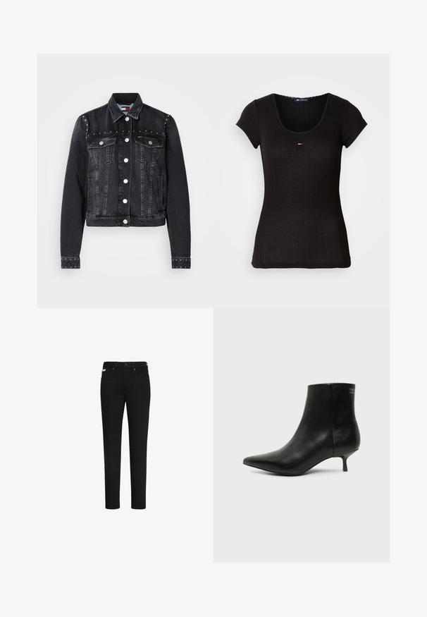 Chaqueta de mezclilla negra con botones plateados, bolsillos con solapa en el frente y pequeños remaches metálicos a lo largo del pecho, los hombros y los bordes de los puños.; Camiseta negra de manga corta con relieve, presenta un escote redondeado y un pequeño logo en el pecho. Fabricada en tejido suave y ligero.; Vaqueros negros de corte ajustado con botón y cremallera delanteros, con bolsillos delanteros y traseros y una pequeña etiqueta en el bolsillo delantero derecho.; Botín de piel negra con puntera puntiaguda y tacón bajo estilo kitten sobre fondo claro, mostrando vista lateral exterior.