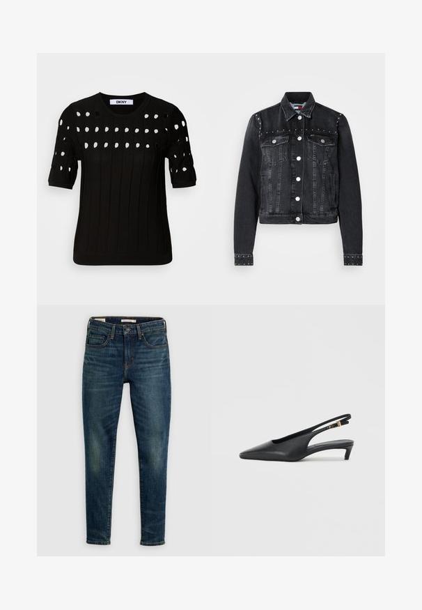 Schwarze Jeansjacke mit silbernen Knöpfen, vorderen Klappentaschen und kleinen Metallnieten entlang der Brust, Schultern und Ärmelkanten.; Schwarzer Strickpullover mit kurzen Ärmeln, geripptem Material und runden Ausschnitt. Mehrere Ausstanzungen bilden ein Muster über die Vorderseite.; Dunkelblaue Slim-Fit-Jeans mit Frontknopf und Reißverschluss, Fünf-Pocket-Design und dezenten verblassten Details an Oberschenkeln und Knien.; Schwarze Slingback-Pumps mit spitzer Zehe, glatter Lederoberfläche, niedrigem Kitten-Absatz und einem Riemen mit einem metallenen Schnallenakzent.