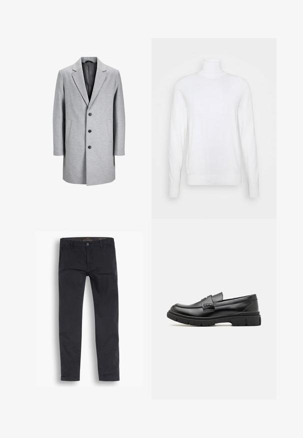 Abrigo de lana gris claro con solapa muesca, tres botones negros y dos bolsillos laterales. Presenta una silueta limpia y ajustada.; Suéter blanco de cuello alto y mangas largas, hecho de una tela suave. Presenta un diseño ajustado y puños y dobladillo acanalados. Sin patrones ni acentos.; Pantalones chinos negros de algodón. Presentan un diseño de pernera estándar, bolsillos frontales y un cierre de botón con una textura suave.; Mocasin de cuero negro con una cinta ancha en el empeine, suela de goma con tacos gruesos y textura suave. Diseño clásico y elegante.