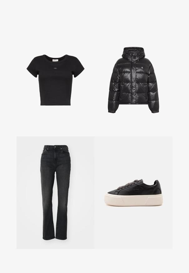 Sort skinnende dunjakke med hætte, forlommer, lynlås og trykknapper samt lille hvidt CK-logo på brystet.; Sort cropped kortærmet ribstrikket T-shirt med rund halsudskæring og lille Calvin Klein-logo patch centreret på brystet.; Højtaljede sorte denim jeans med lige ben, fem-lomme design, frontlukning med knap og minimal syning.; Sort læder lavtop sneaker med tyk hvid platformsål og mørkegrå snørebånd, sidevisning på ensfarvet lys baggrund.