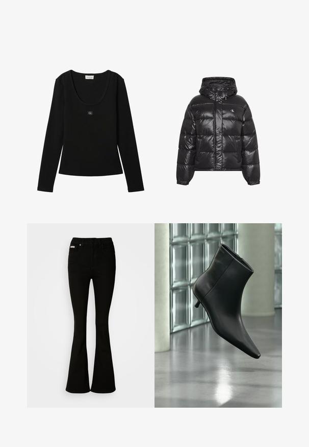 Sort skinnende dunjakke med hætte, forlommer, lynlås og trykknapper samt lille hvidt CK-logo på brystet.; Sort langærmet ribbet top med rund halsudskæring og lille Calvin Klein logo patch centreret på brystet.; Sorte bukser med flare, der har en tætsiddende talje, lavet af blødt denim. Har to forlommer og en klassisk knap- og lynlåslukning.; Sort læderankelstøvle med spids tå og lav kitten-hæ, vist vinklet mod en poleret gulv- og glasblokvæg.