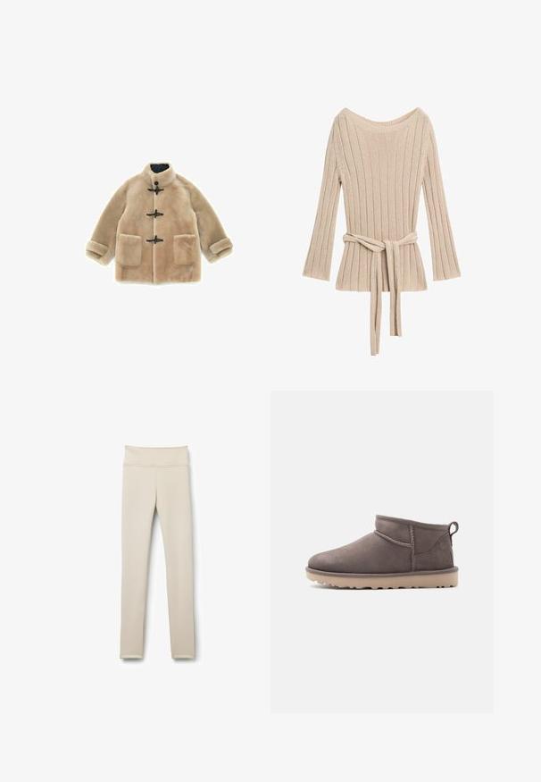 Beige kunstpelsfrakke med mandarinkrave, sorte toggle-lukninger, store forlommer og omviklede manchetter. Blød, struktureret overflade.; Beige ribstrikket langærmet sweater med bådudskæring og tilhørende bælte bundet ved taljen.; Beige leggings lavet af strækbart stof. Høj talje, tætsiddende pasform, med glat tekstur og uden synlige mønstre eller hardware.; Lav brun ruskindssko med lav ankelhøjde, slidstærk sål og træksnor på en ensartet baggrund.