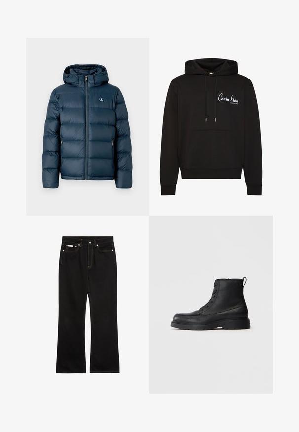 Doudoune bleu marine avec capuche, équipée d'une fermeture éclair à l'avant, de poignets élastiques et d'un logo de marque sur la poitrine. Texture douce et matelassée.; Sweat à capuche noir à enfiler avec poche kangourou, capuche réglable par cordon et logo blanc "Calvin Klein Established 1968" sur la poitrine.; Jean noir droit avec coutures orange, cinq poches, fermeture par bouton, et une petite étiquette Calvin Klein sur la poche avant droite.; Botte à lacets en cuir noir texturé, avec une semelle épaisse et une languette à l'arrière, vue de côté.
