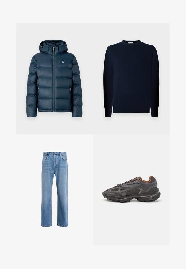 Marineblauer Pufferjacke mit Kapuze, ausgestattet mit einem Frontreißverschluss, elastischen Bündchen und einem Markenlogo auf der Brust. Weiche, gesteppte Textur.; Junger Mann mit lockigem Haar, der einen dunklen Pullover mit langen Ärmeln und dunkle Hosen trägt, steht vor einem einfarbigen grauen Hintergrund.; Helle blaue Jeans im Geradeschnitt-Design, mit fünf Taschen, Knopfverschluss, minimaler Ausbleichung und kontrastierenden Nähdetails.; Lacoste Sneaker in Dunkelgrau aus Mesh und Synthetikmaterial, mit einer strukturierten Sohle und braunen Akzenten am Kragen und Logo.