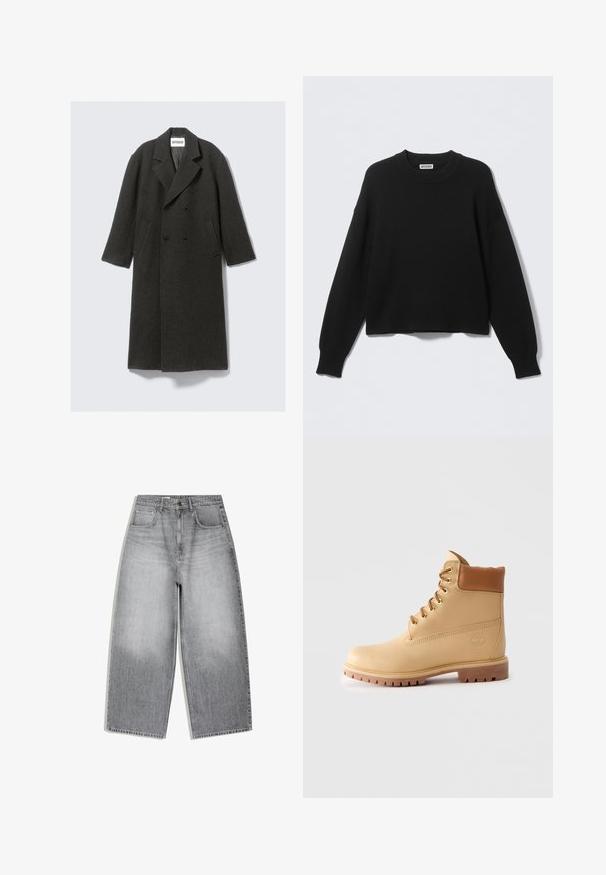 Mørkegrå uldoverfrakke med dobbeltradet design, klassisk revers og sidelommer. Har en struktureret overflade og knælang længde.; Sort strikket sweater med rund halsudskæring, sænkede skuldersømme samt ribbede manchetter og kant. Enkel og ensfarvet design uden mønstre.; Grå højtaljede cowboybukser med vidde ben, forlommer og knaplukning vist fladt på en hvid baggrund.; Lysebrun læder ankelstøvle med polstret krave, gyldne snøringer, brune snørebånd og tyk sål med riller på ensfarvet lys baggrund.