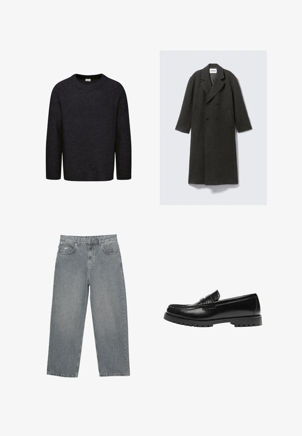 Mørkegrå uldoverfrakke med dobbeltradet design, klassisk revers og sidelommer. Har en struktureret overflade og knælang længde.; Mørkegrå strikket sweater med ribbet struktur, rund hals og lange ærmer. Enkel design uden synlige mønstre eller accenter.; Lysegrå denimbukser med lige ben, fem lommer og knappelukning. Har diskret branding på den forreste linning.; Sort læderloafer med en kraftig gummisål og klassiske penny-strap detaljer, vist fra ydersiden.