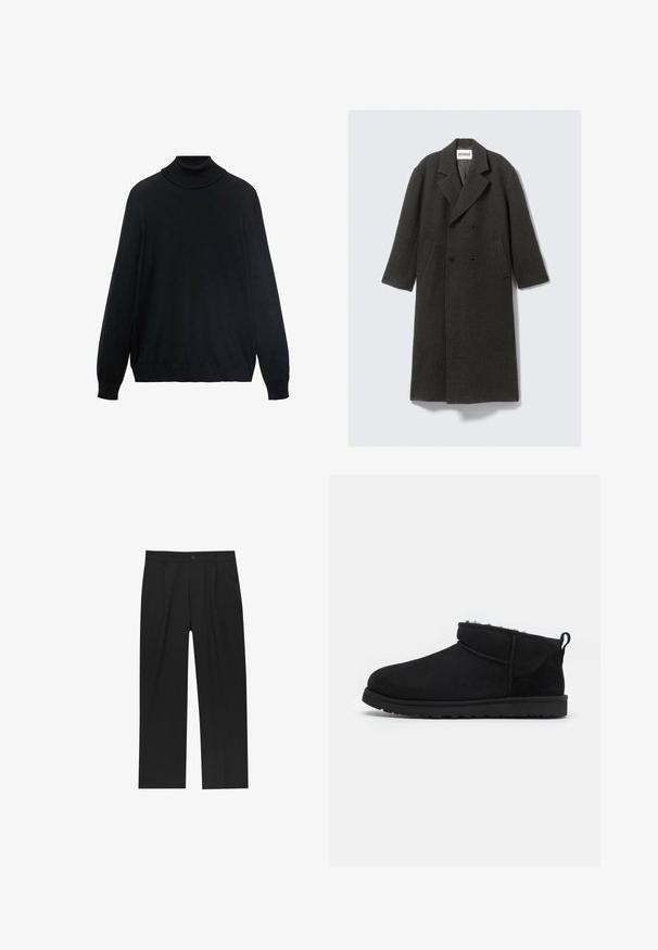 Mørkegrå uldoverfrakke med dobbeltradet design, klassisk revers og sidelommer. Har en struktureret overflade og knælang længde.; Sort turtleneck sweater med en tætsiddende krave, lange ærmer og ribbede manchetter og kant. Lavet af blødt, strækbart stof med en glat tekstur.; Sorte bukser med lige ben, lavet af et glat stof. Har frontfolder og en enkelt knaplukning i taljen.; Sorte ruskind ankelstøvler med en blød, tekstureret foring, lavprofilgummi sål og en løkke bagpå for nem påtagning.