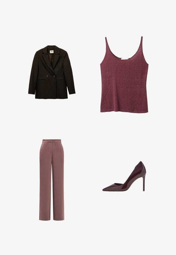 Blazer marron à rayures avec un design croisé, des revers crantés et deux poches avant. Texture lisse et coupe ajustée.; Débardeur en tricot bordeaux sans manches avec des bretelles fines et un col rond, fabriqué en tissu léger.; Pantalon taille haute à jambes droites en rose poudré avec de fines rayures verticales blanches et une fermeture frontale dissimulée.; Escarpin en cuir verni bordeaux, design à bout pointu, silhouette élégante et talon aiguille. Texture lisse avec finition brillante.